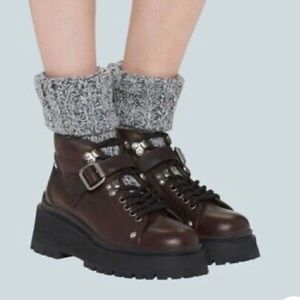 Miu Miu Prada Size 36 brown leather buckle knit sock combat boot